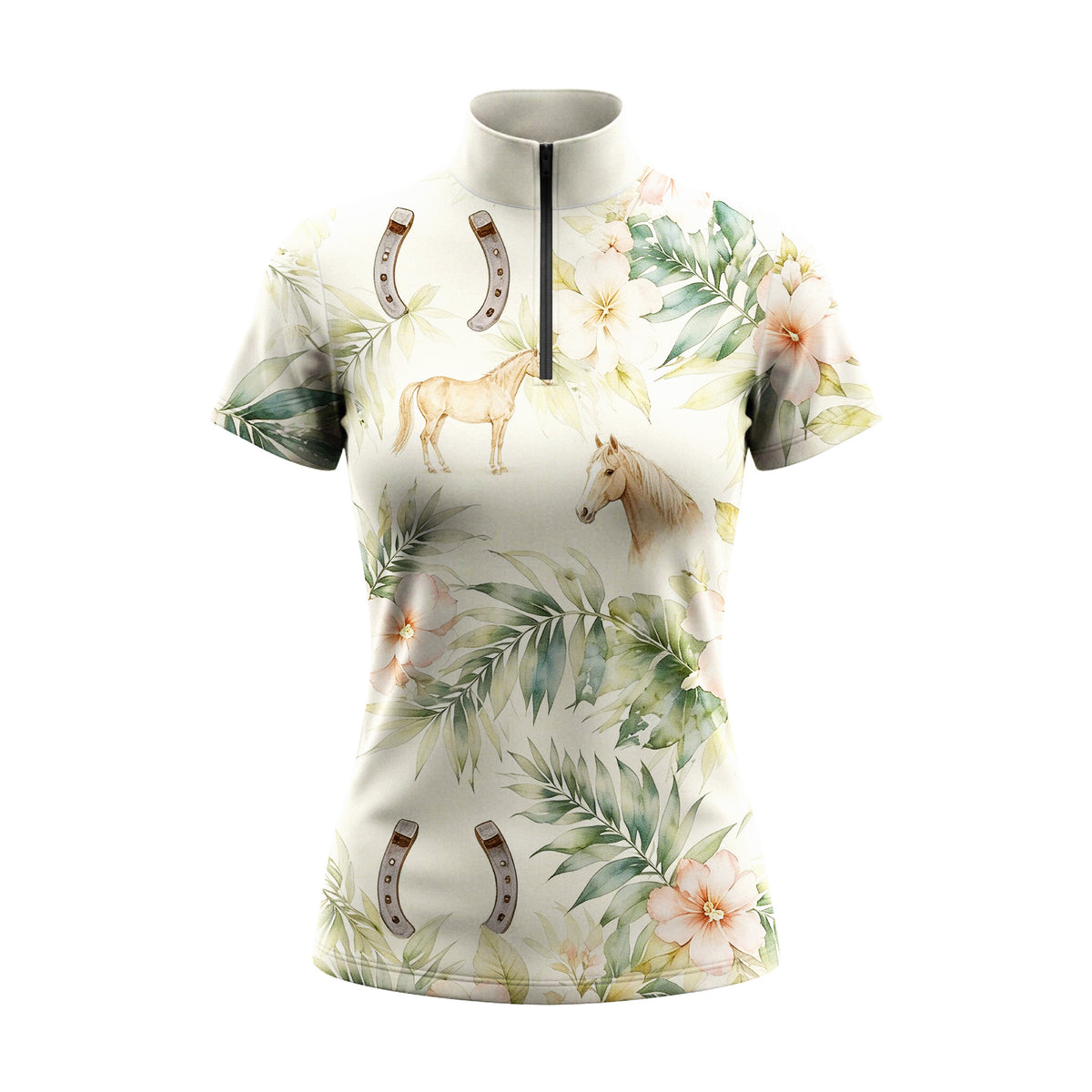 Watercolor Tropical Floral & Horse Print Short-Sleeve Quarter-Zip Riding Top
