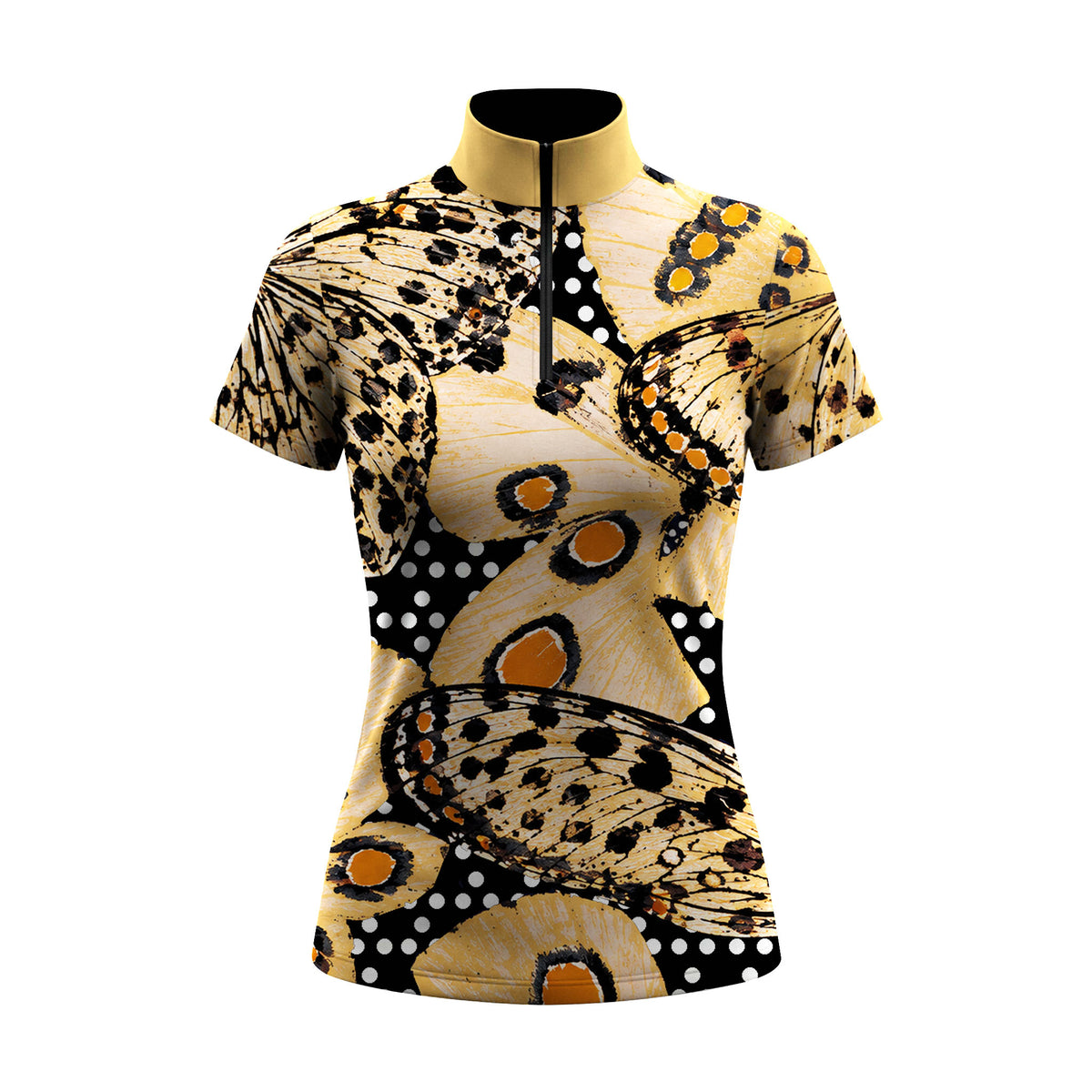Clean studio white‑background product mockup of women's golden‑collar vintage butterfly moth and polka‑dot all‑over print short‑sleeve quarter‑zip riding top