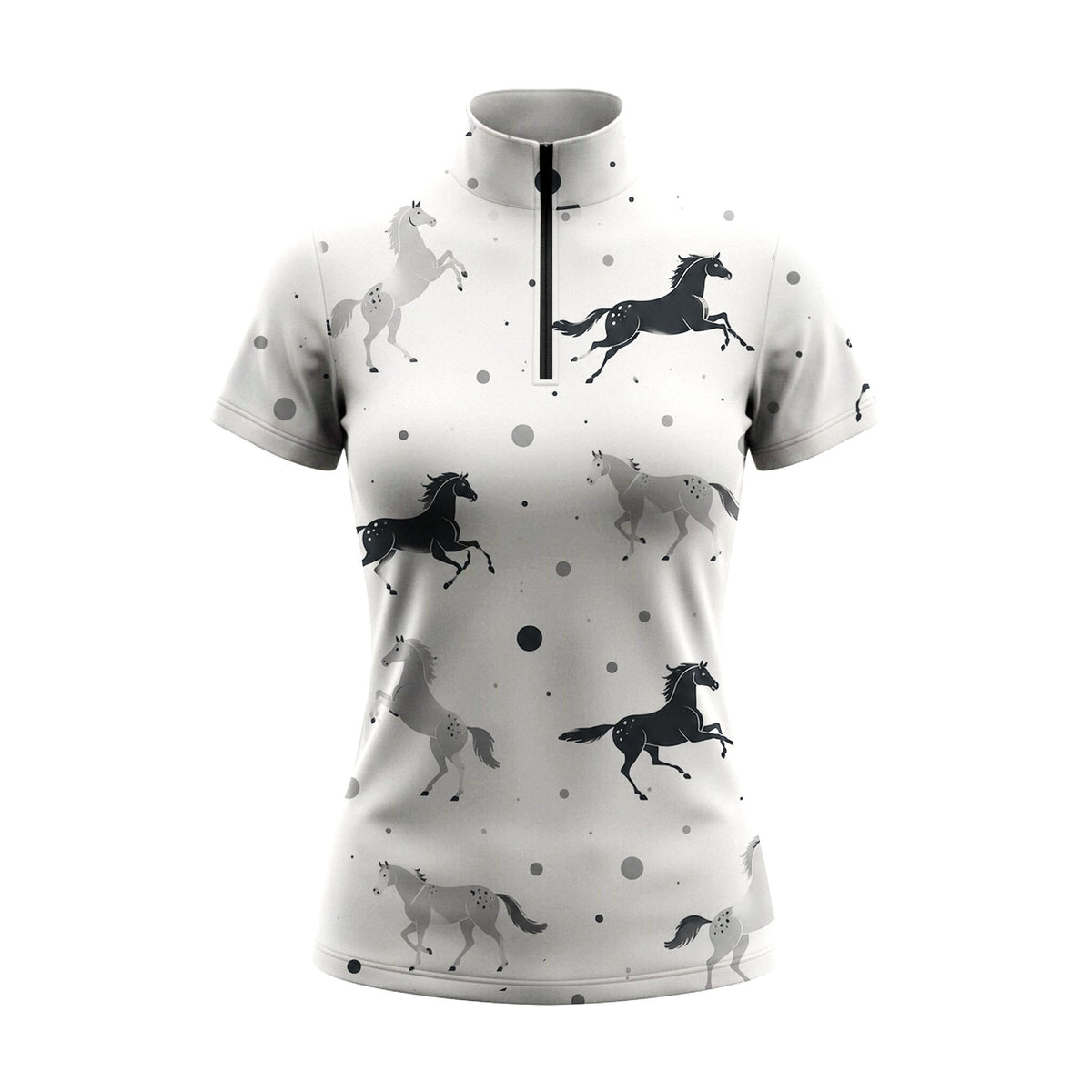Light Grey Black White Galloping Horse Dot Ditsy Print Short-Sleeve Quarter-Zip Riding Top