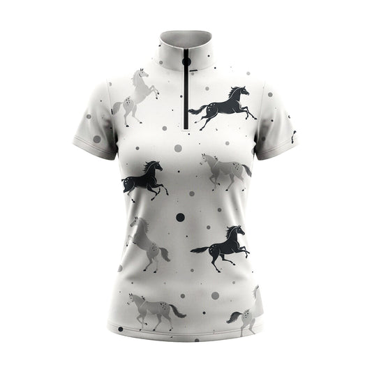 Light Grey Black White Galloping Horse Dot Ditsy Print Short-Sleeve Quarter-Zip Riding Top