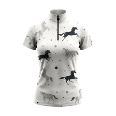 Light Grey Black White Galloping Horse Dot Ditsy Print Short-Sleeve Quarter-Zip Riding Top