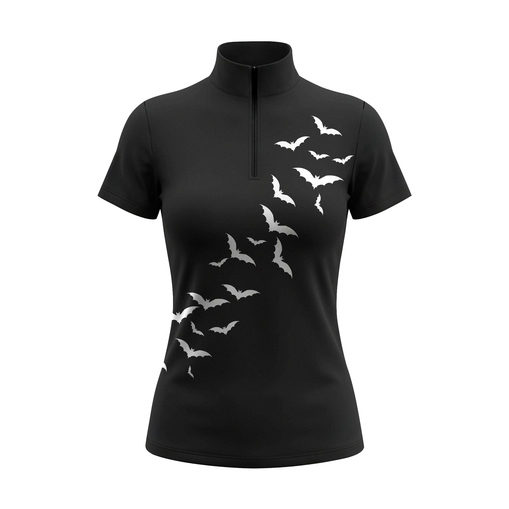 White background studio product mockup of women’s black short‑sleeve quarter‑zip riding top decorated with cascading white flying bat silhouette print