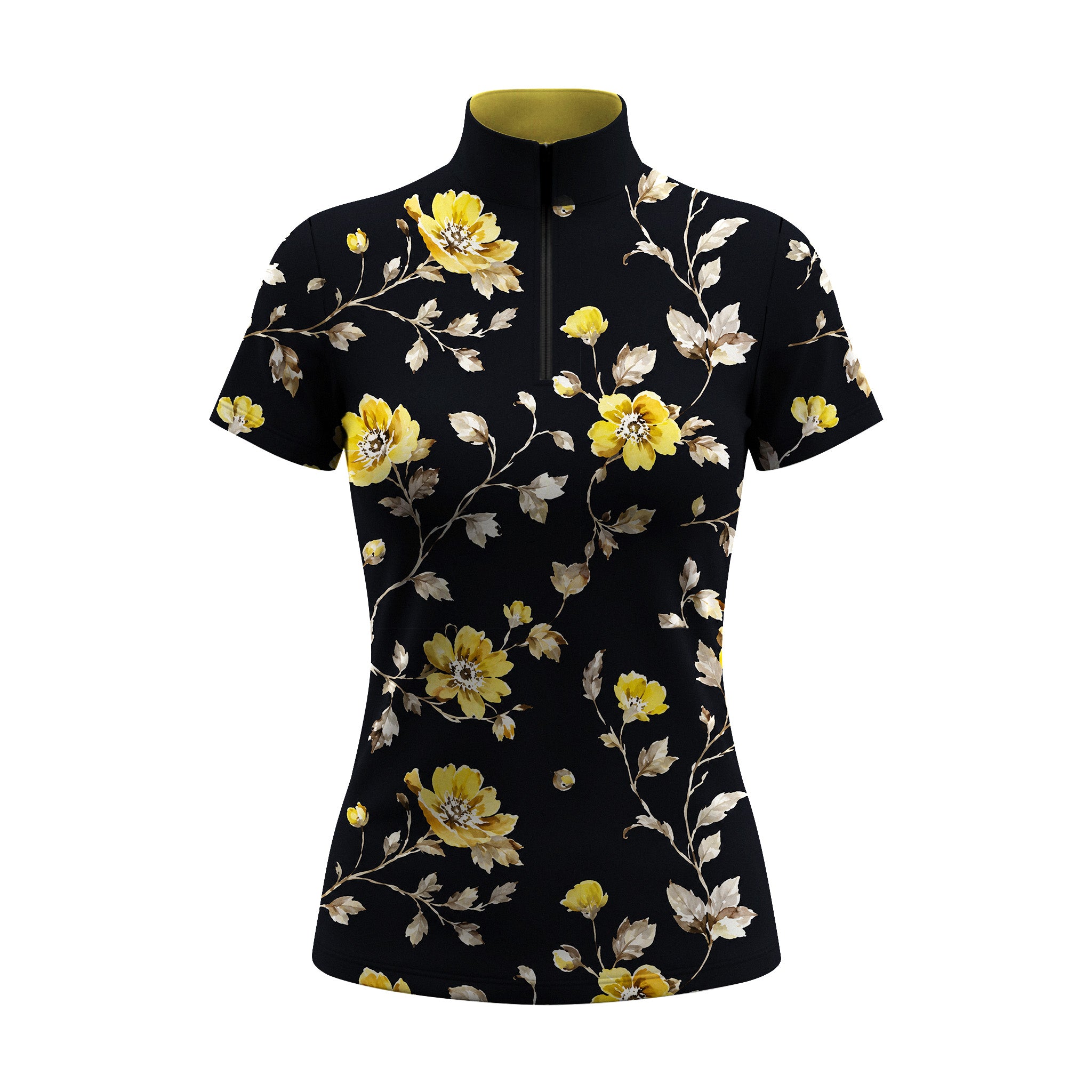 Studio white‑background product mockup of women’s black watercolor golden‑yellow floral short‑sleeve quarter‑zip riding top