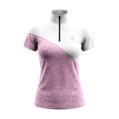 Clean white‑background studio mockup of white & dusty pink diagonal color‑block short‑sleeve riding top with all‑over galloping horse sketch print