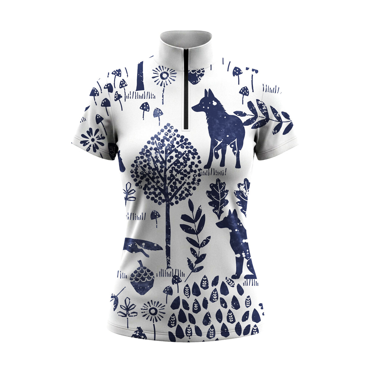 Off White Navy Blue Woodland Wolf Fox Forest Allover Print Short-Sleeve Quarter-Zip Riding Top