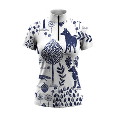 Off White Navy Blue Woodland Wolf Fox Forest Allover Print Short-Sleeve Quarter-Zip Riding Top