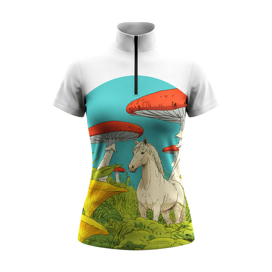 White Upper Teal Mushroom Forest White Horse Cartoon Split Print Short-Sleeve Quarter-Zip Riding Top