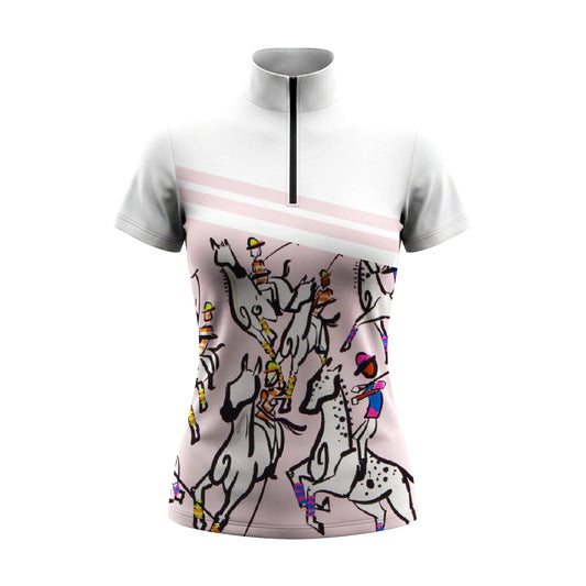 White Top Pink Stripe Abstract Polo Horse Rider Ditsy Split Print Short-Sleeve Quarter-Zip Riding Top