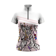 White Top Pink Stripe Abstract Polo Horse Rider Ditsy Split Print Short-Sleeve Quarter-Zip Riding Top