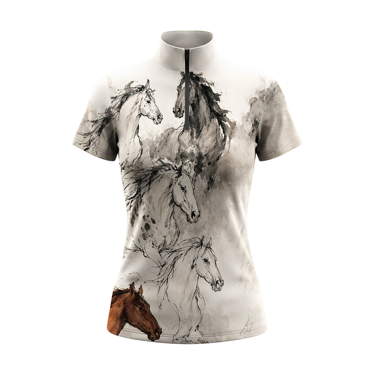 Watercolor Herd of Horses Print Short-Sleeve Quarter-Zip Riding Top