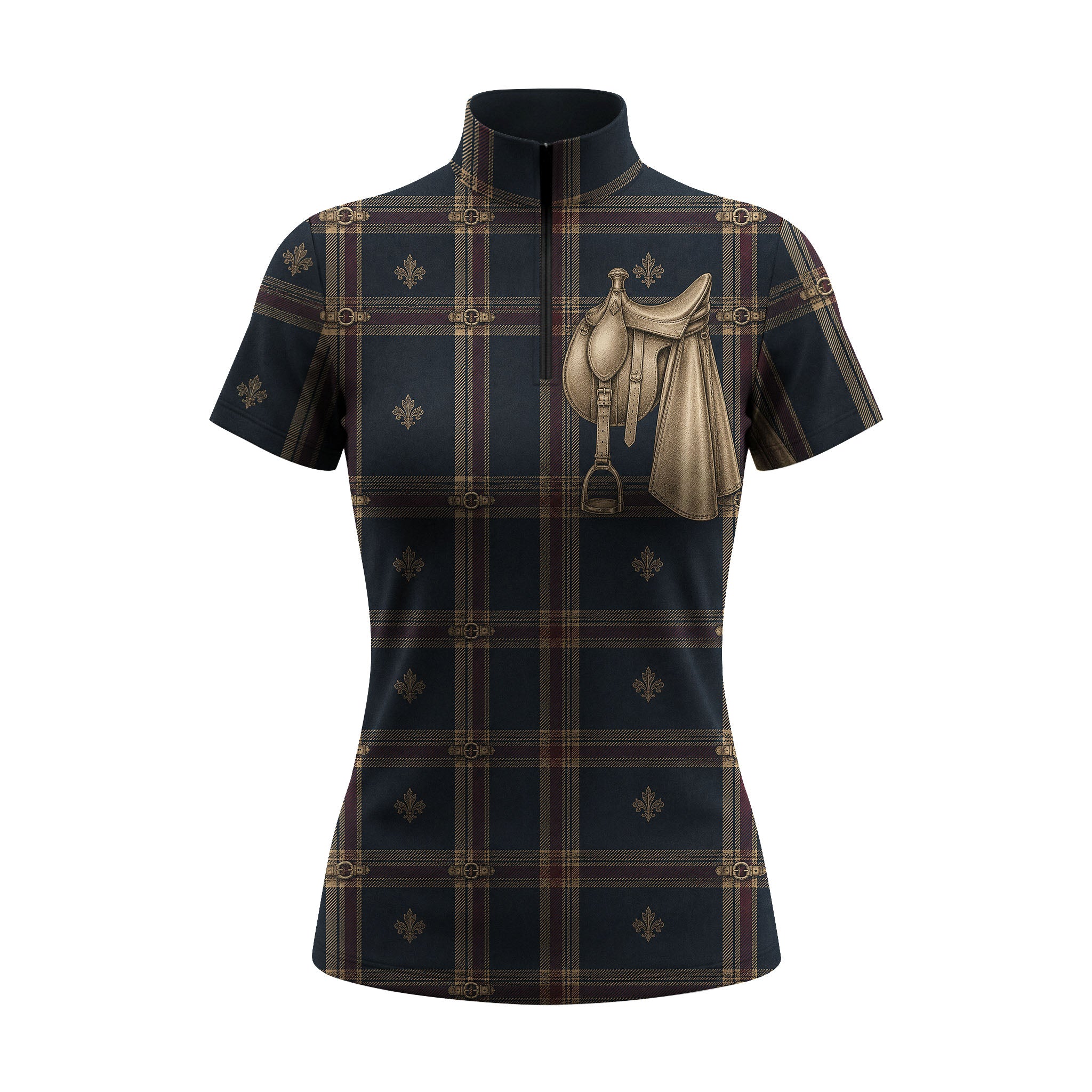 Studio white‑background product mockup of women’s navy tartan plaid vintage saddle short‑sleeve quarter‑zip riding top