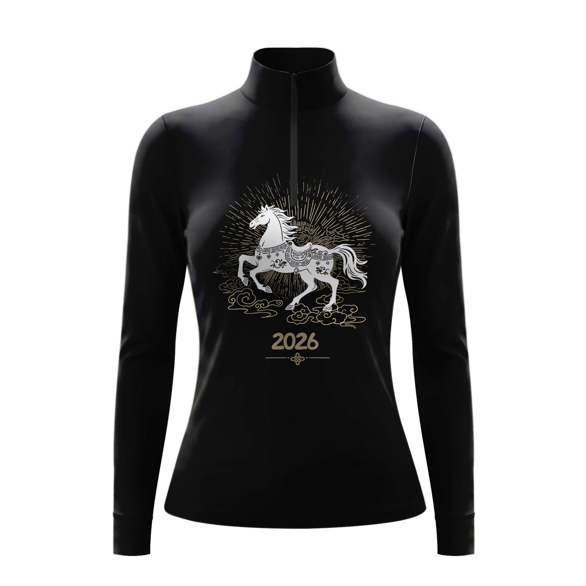 Studio flat view of the 2026 Year of the Horse Long-Sleeve Quarter-Zip Riding Top, showcasing the full print details
