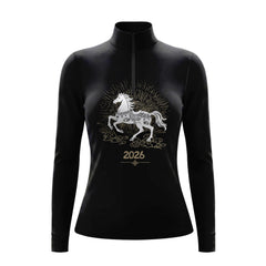 Studio flat view of the 2026 Year of the Horse Long-Sleeve Quarter-Zip Riding Top, showcasing the full print details
