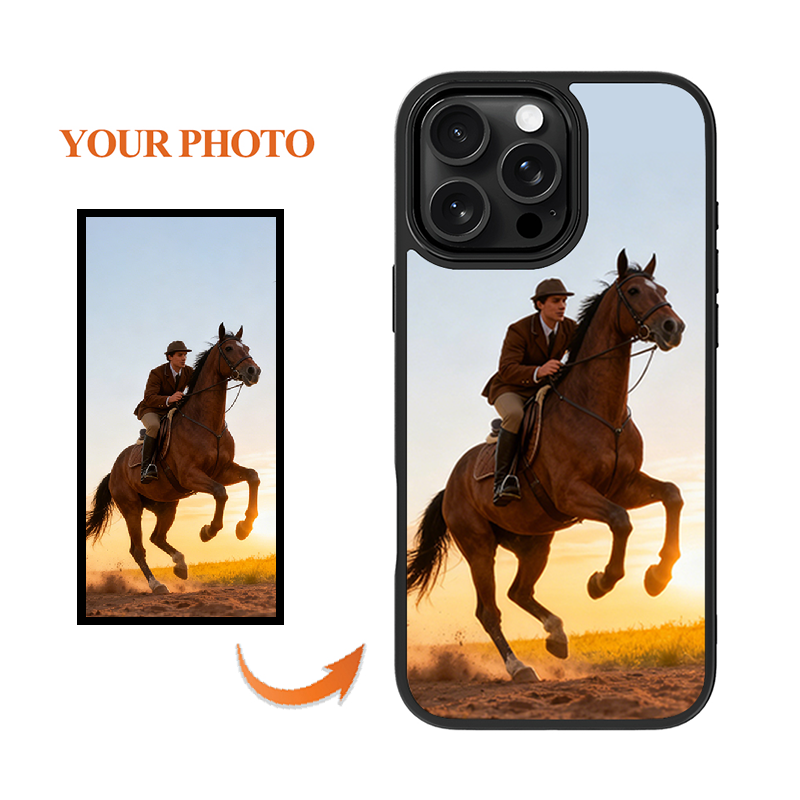 Personalized custom photo phone case sample, custom print your horse riding image on iPhone case