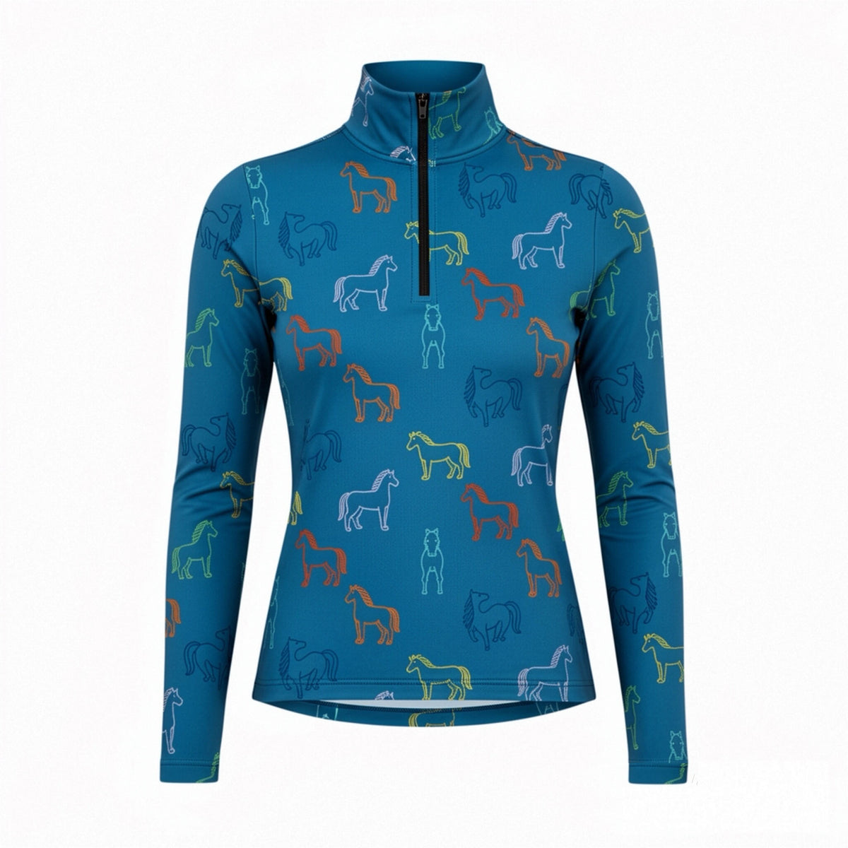 RIDER ATELIER multicolor line art horse teal blue equestrian quarter-zip top on white background

