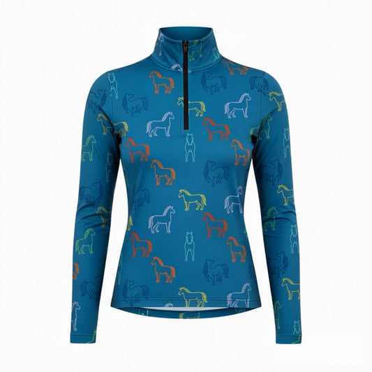 RIDER ATELIER multicolor line art horse teal blue equestrian quarter-zip top on white background
