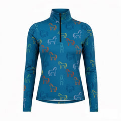 RIDER ATELIER multicolor line art horse teal blue equestrian quarter-zip top on white background
