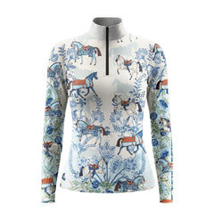 RIDER ATELIER Blue Floral & Horse Print Long-Sleeve Quarter-Zip Riding Top