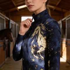Close‑up barn interior shot focusing on collar and print details of female rider’s deep navy galaxy golden galloping horse long‑sleeve quarter‑zip riding top