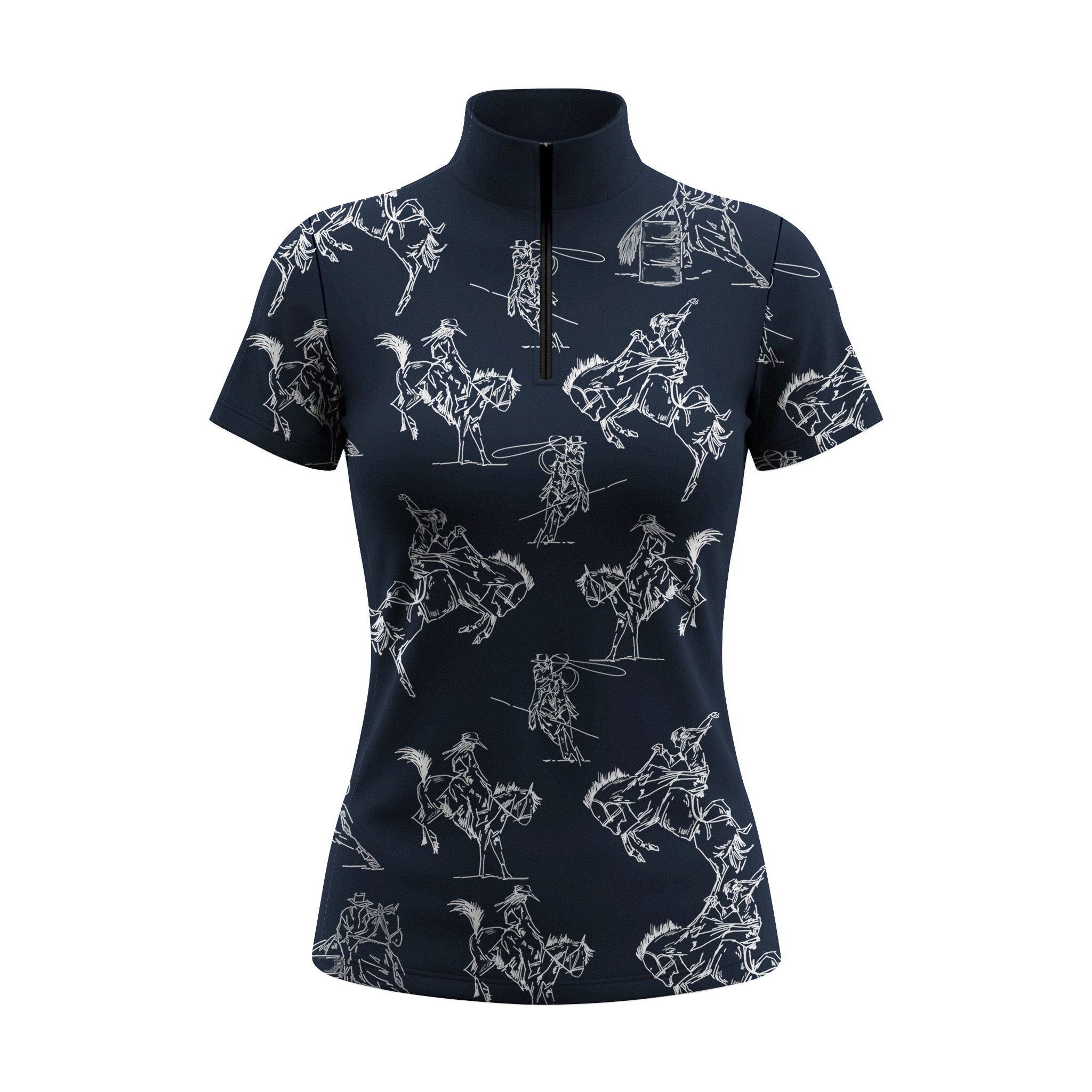 Studio white‑background product mockup of women’s navy white sketch western cowboy bronco rider short‑sleeve quarter‑zip riding top