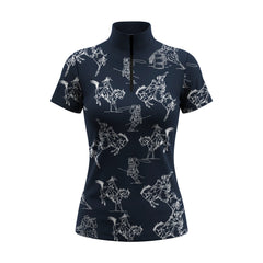 Studio white‑background product mockup of women’s navy white sketch western cowboy bronco rider short‑sleeve quarter‑zip riding top