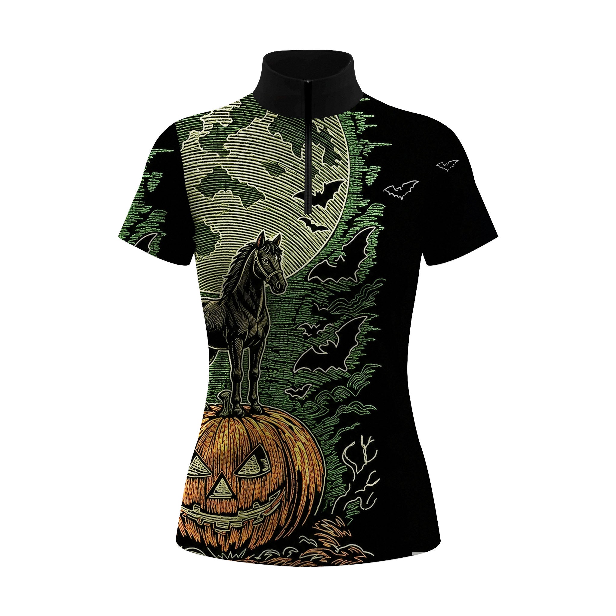 Studio white‑background product mockup of women’s black base vintage woodcut Halloween horse‑on‑pumpkin bat moon front‑print short‑sleeve quarter‑zip riding top