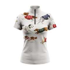 Watercolor Multi Breed Dogs In Colorful Knit Sweaters Allover Print Short-Sleeve Quarter-Zip Riding Top, Two Base Color Options