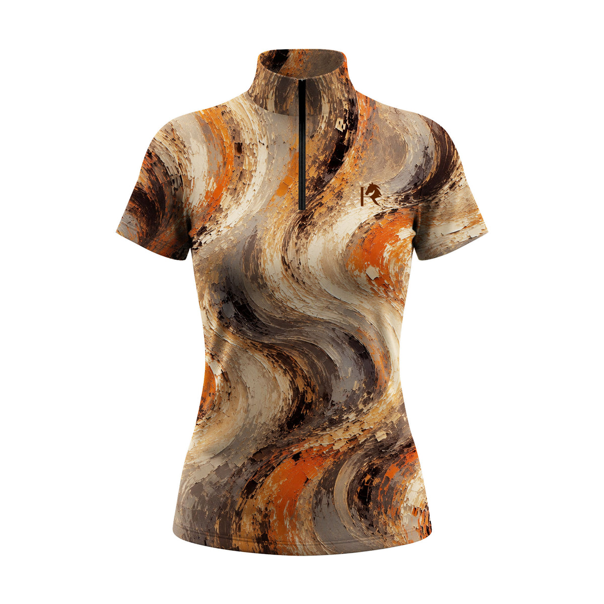 Earthy Orange Brown Swirl Impasto Oil Paint Textured Full Print Short-Sleeve Quarter-Zip Riding Top With Small Horse Logo