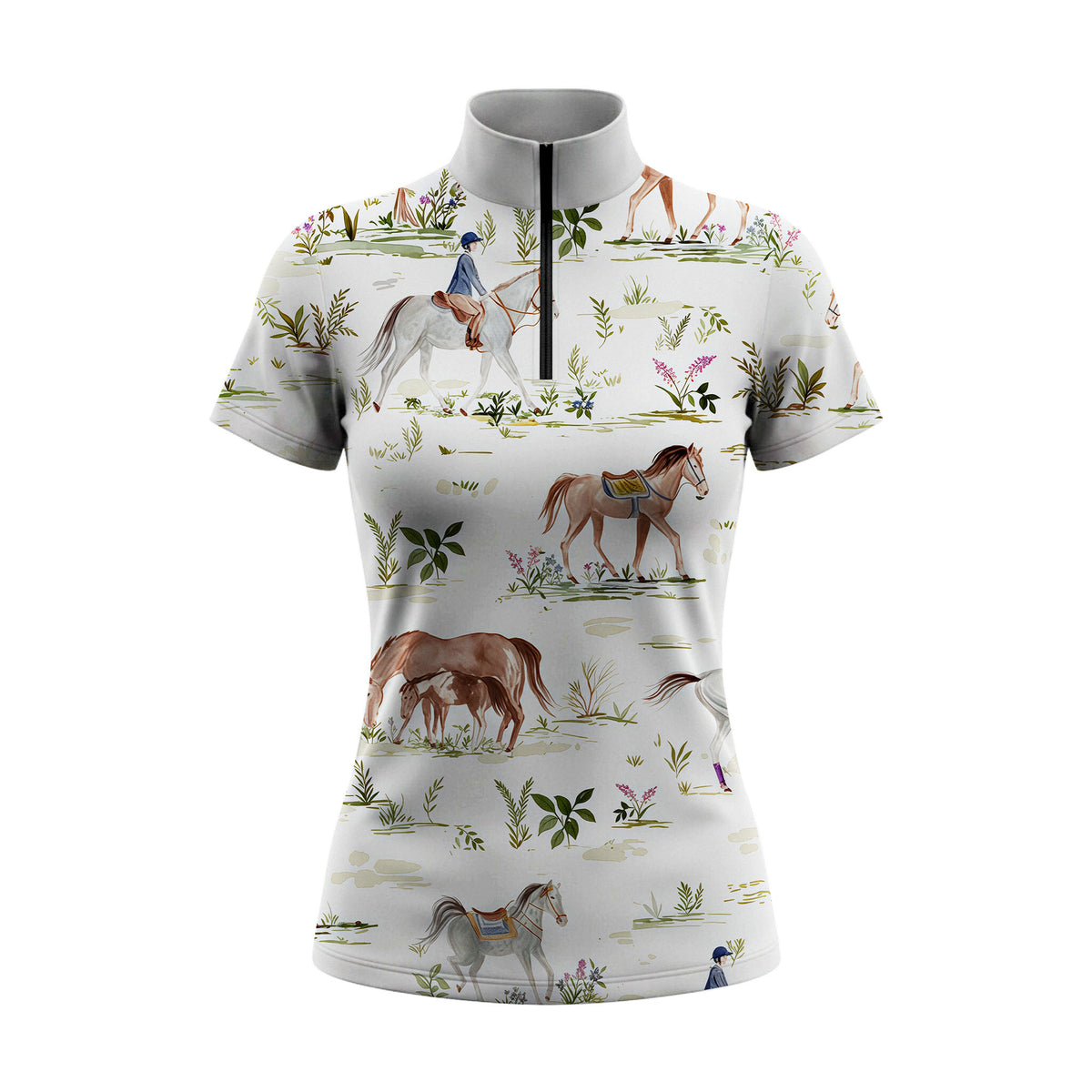 Off White Soft Watercolor Pasture Mare Foal Trail Rider Floral Ditsy Print Short-Sleeve Quarter-Zip Riding Top