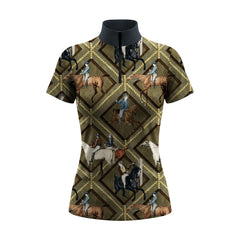 Vintage Equestrian Scene Short Quarter-Zip Top | Classic Horse Riding Shirt