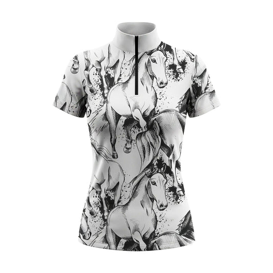 Studio white‑background product mockup of women’s white short‑sleeve quarter‑zip riding top with full all‑over black sketch galloping horse print
