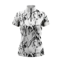 Studio white‑background product mockup of women’s white short‑sleeve quarter‑zip riding top with full all‑over black sketch galloping horse print