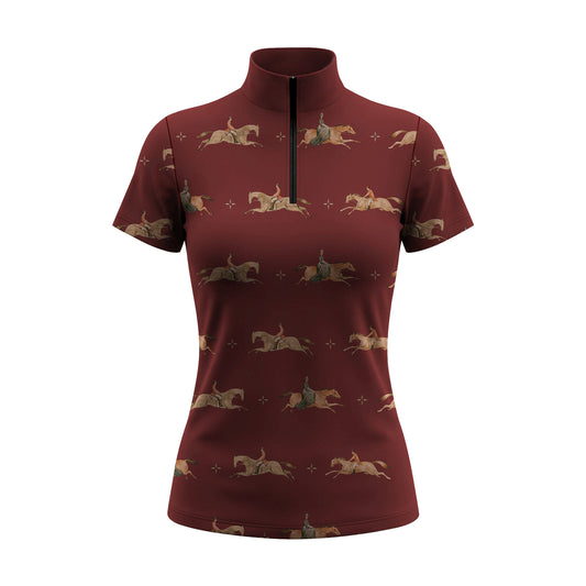 Multi‑Color Vintage Equestrian Rider All‑Over Print Short‑Sleeve Quarter‑Zip Riding Top
