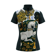 Medieval Unicorn Tapestry Print Short-Sleeve Quarter-Zip Riding Top