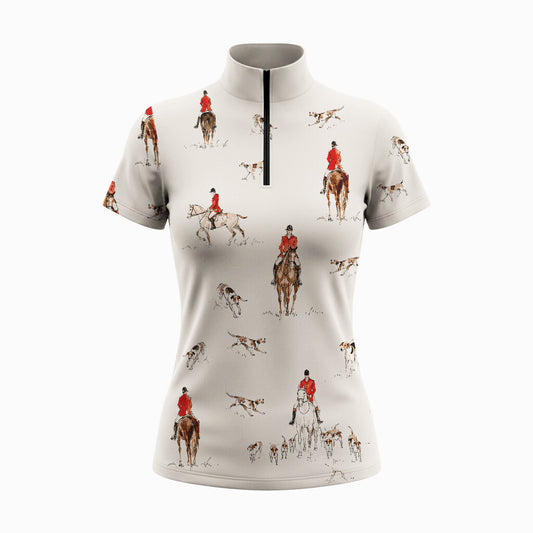 Studio white‑background product mockup of women’s cream vintage watercolor fox‑hunting rider & hound dog all‑over‑print short‑sleeve quarter‑zip riding top