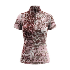 Dusty Pink Mixed Animal Print Floral Horseshoe Graphic Short-Sleeve Quarter-Zip Riding Top