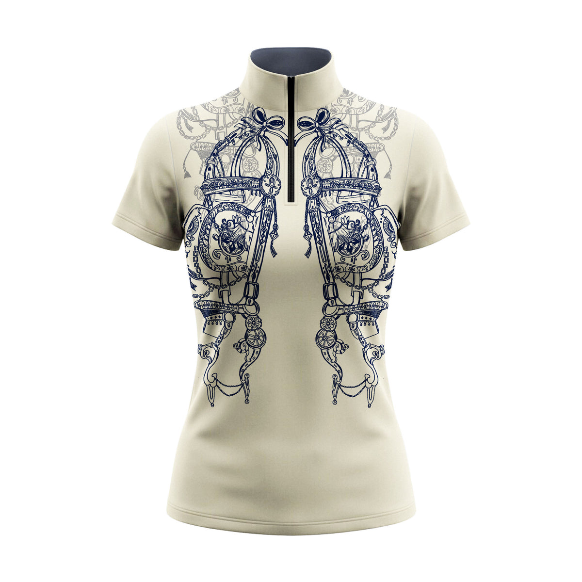 Studio white‑background product mockup of women’s cream navy ornate bridle tack symmetrical print short‑sleeve quarter‑zip riding top with contrast navy collar