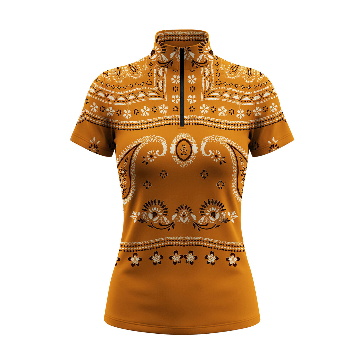 Studio white‑background product mockup of women’s burnt‑orange bandana paisley floral all‑over‑print short‑sleeve quarter‑zip riding top