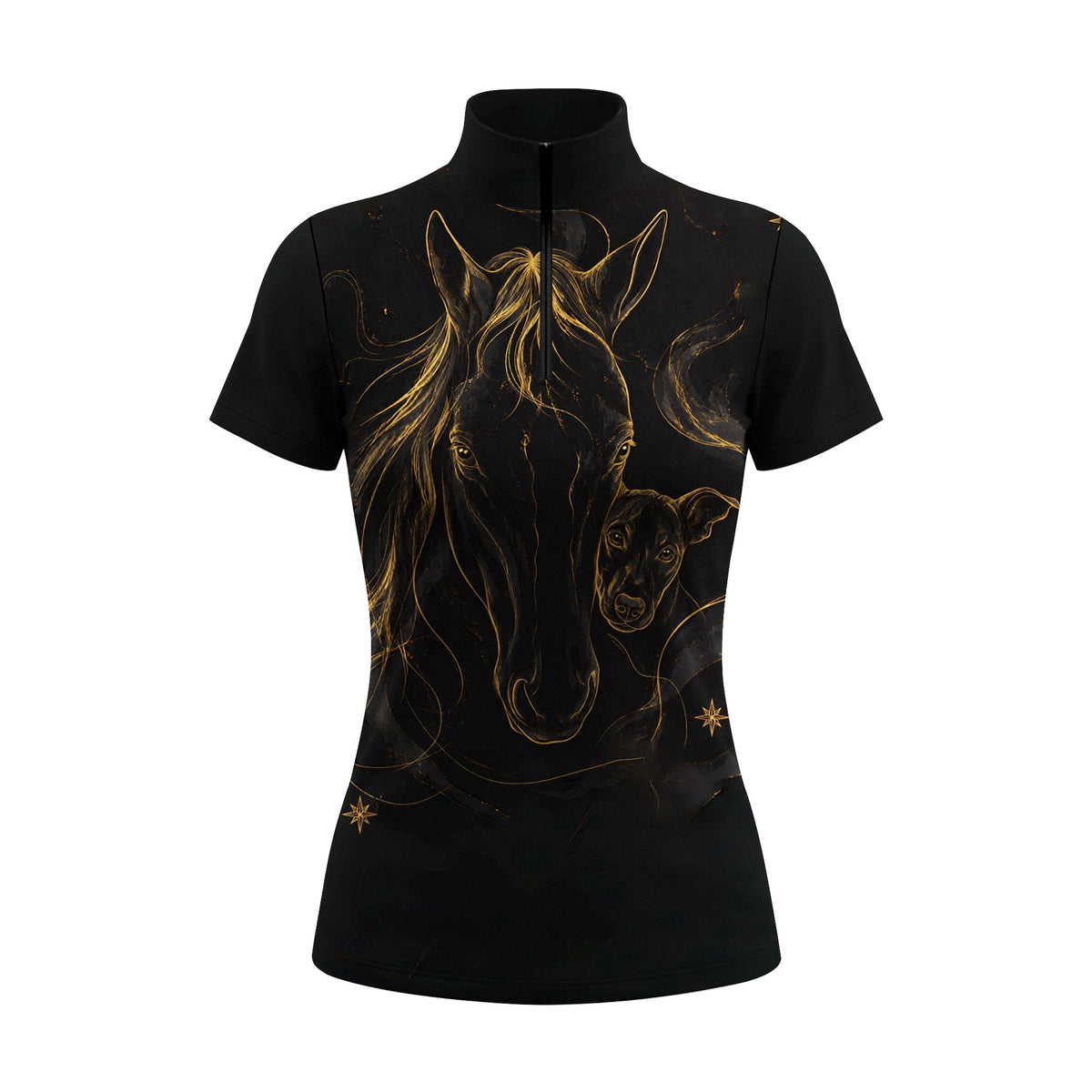 Clean white‑background studio mockup of black short‑sleeve quarter‑zip riding top with golden horse‑whippet‑celestial‑star front print