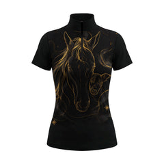 Clean white‑background studio mockup of black short‑sleeve quarter‑zip riding top with golden horse‑whippet‑celestial‑star front print