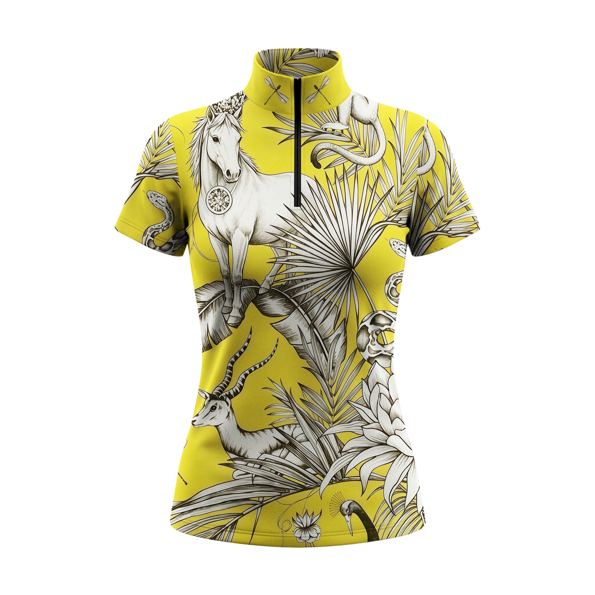 Studio white‑background product mockup of women’s bright yellow jungle wildlife horse antelope snake botanical all‑over print short‑sleeve quarter‑zip riding top

 请输出产品的详细信息

 请输出产品的尺码信息

 请输出产品的价格信息