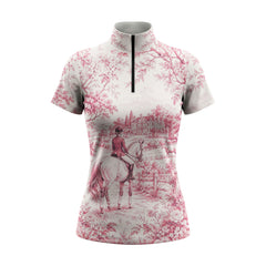 Blue Delft Style Toile Equestrian Manor Print Short-Sleeve Quarter-Zip Riding Top