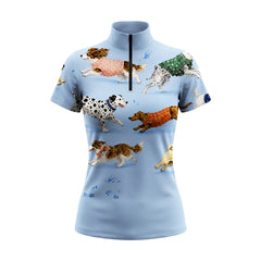 Watercolor Multi Breed Dogs In Colorful Knit Sweaters Allover Print Short-Sleeve Quarter-Zip Riding Top, Two Base Color Options