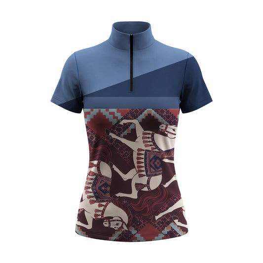 Two-Tone Blue Geometric Tribal Decorated Horse Split Print Short-Sleeve Quarter-Zip Riding Top