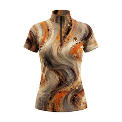 Earthy Orange Brown Swirl Impasto Oil Paint Textured Full Print Short-Sleeve Quarter-Zip Riding Top With Small Horse Logo