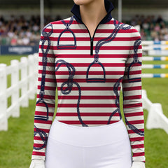 Red White Stripe Navy Rope Stirrup Ditsy Full Print Long-Sleeve Quarter-Zip Riding Top