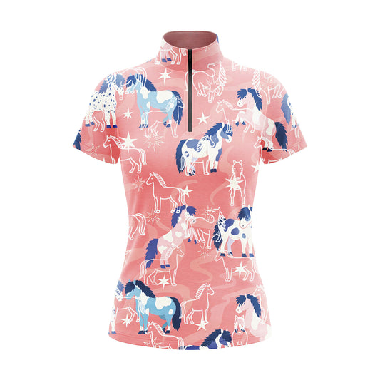 RIDER ATELIER Pink Cartoon Pony Print Short-Sleeve Quarter-Zip Riding Top