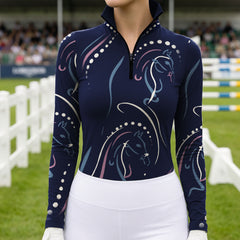 Navy‑Blue Base Pastel Multi‑Line‑Art Abstract Horse Head All‑Over Print Long‑Sleeve Quarter‑Zip Riding Top
