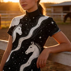 Golden sunset barn lifestyle close‑up of female equestrian leaning on white wooden fence wearing black celestial starry galaxy dual white horse floral shoulder print
