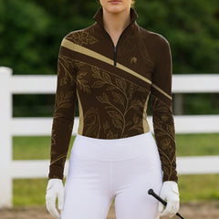 RIDER ATELIER Brown Floral Horse Sketch Print Long-Sleeve Quarter-Zip Riding Top